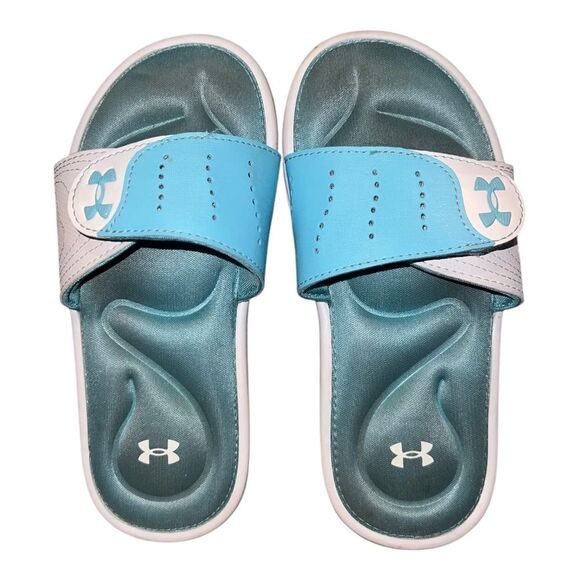 Under Armour Kids Ignite IX Slide Sandals Girls White Light Blue 2M EUC - Picture 1 of 9